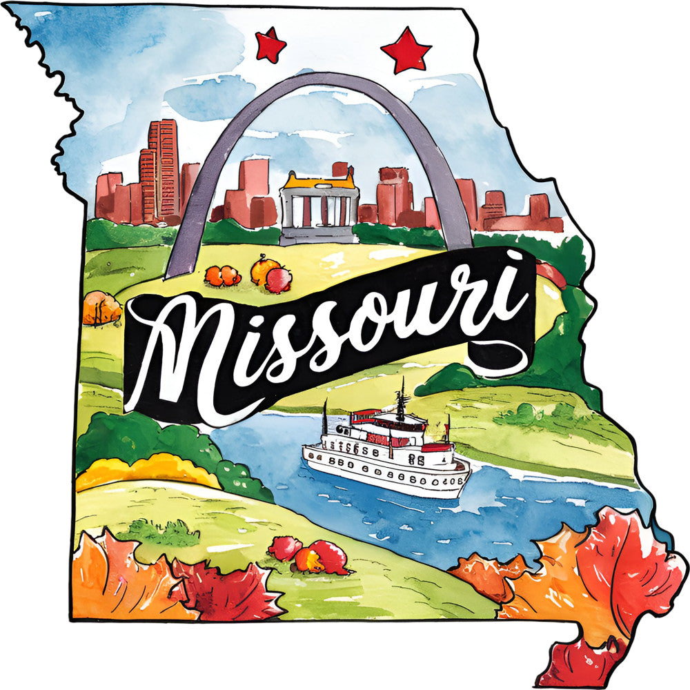 Classic US States Fabric Panel 37 featuring colorful Missouri landmarks including the Gateway Arch and a riverboat on premium quilting cotton.