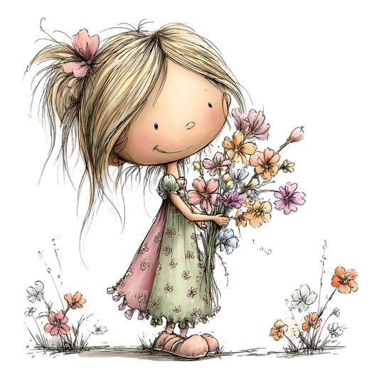 whimsical girl, flower bouquet, spring flowers, pastel colors, soft pink, cream, sage green, dusty rose, coral orange, nature themed, children's illustration, cute character, floral design, daisy, cosmos flowers, girl with flowers, innocent theme, storybook style, vintage inspired, sweet theme, baby girl, nursery decor, spring collection, botanical, hand-drawn style, watercolor style, gentle whimsy, cheerful mood, dress with pattern, barefoot girl