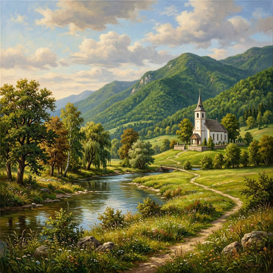 landscape, scenic, pastoral, countryside, mountains, rolling hills, forest green, sage green, cream, sky blue, white, nature, architectural, church, steeple, alpine village, european countryside, traditional, rustic, cottage core, peaceful, serene, river, stream, wildflowers, trees, path, bridge, spring, summer