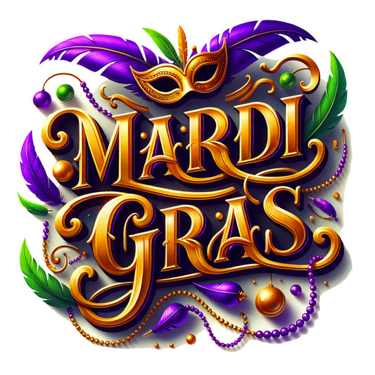 purple, gold, green, orange, mardi gras, carnival mask, feathers, beads, festive, celebration, fabric panel, quilting cotton, ornate lettering, decorative swirls, jewel tones, party theme, new orleans, masquerade, bright colors, dimensional design