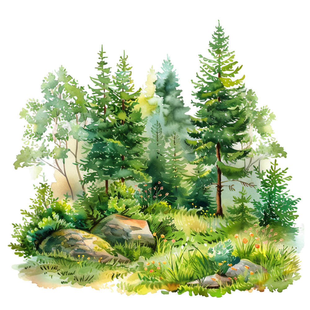 forest scene, watercolor painting, evergreen trees, pine trees, coniferous forest, moss green, sage green, lime green, yellow green, gray rocks, boulders, woodland landscape, summer foliage, nature scene, fabric panel, quilting cotton, botanical design, organic shapes, soft brushstrokes, peaceful atmosphere
