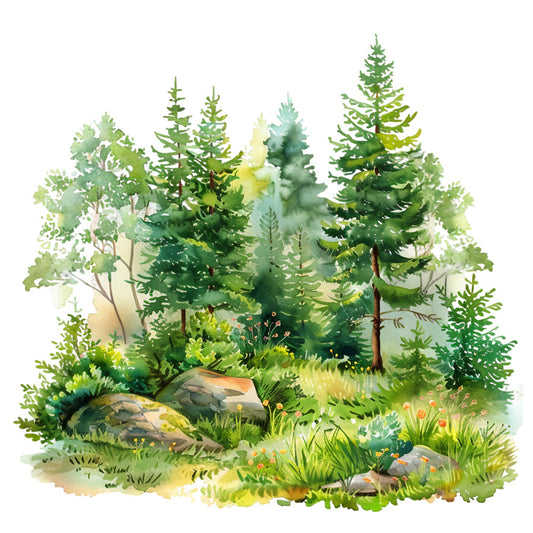 forest scene, watercolor painting, evergreen trees, pine trees, coniferous forest, moss green, sage green, lime green, yellow green, gray rocks, boulders, woodland landscape, summer foliage, nature scene, fabric panel, quilting cotton, botanical design, organic shapes, soft brushstrokes, peaceful atmosphere