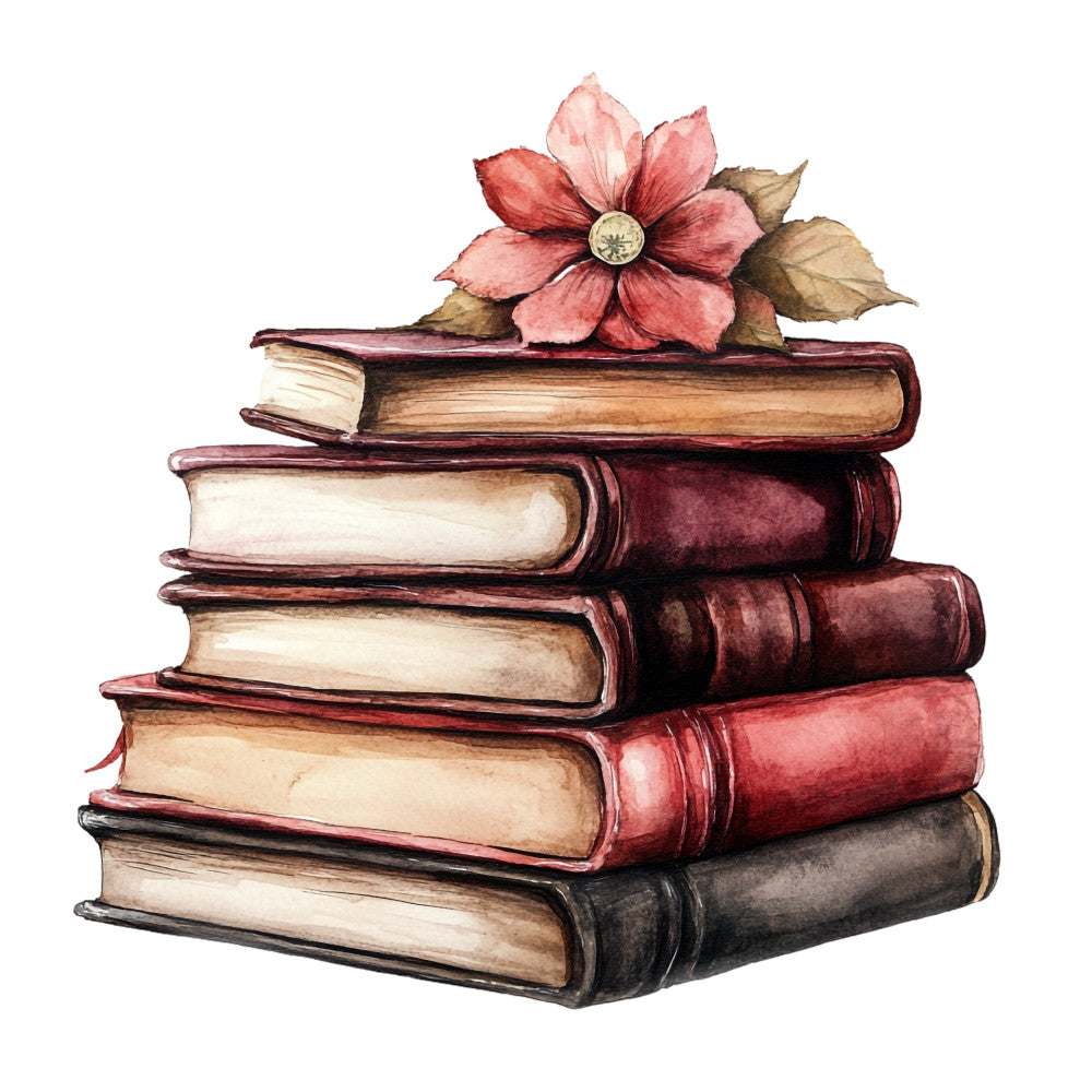 burgundy, wine red, dusty rose, coral pink, cream, ivory, tan, floral, vintage, books, literary, romantic, elegant, traditional, classic, stacked books, flower, botanical, reading theme, library, antique, nostalgic, cottage core, farmhouse, timeless, book lover, intellectual, academic, retro, autumn