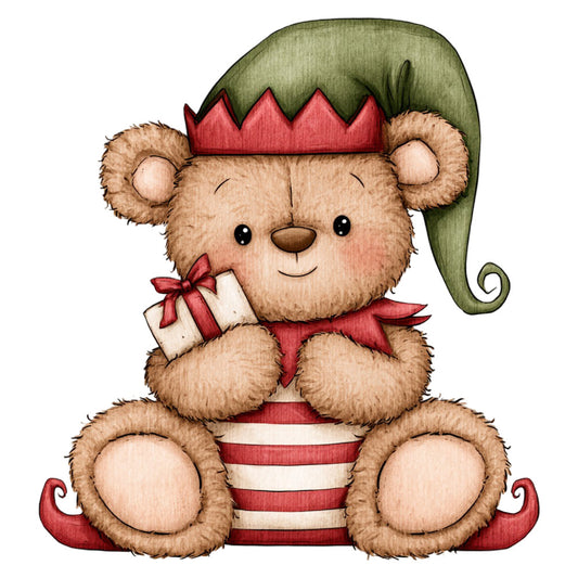 teddy bear, christmas, holiday, elf, whimsical, cute, festive, sage green, forest green, cream, ivory, coral red, burgundy red, striped, bow, gift, present, children's, baby, nursery, playful, cheerful, vintage, folk art, traditional, winter, seasonal, decorative