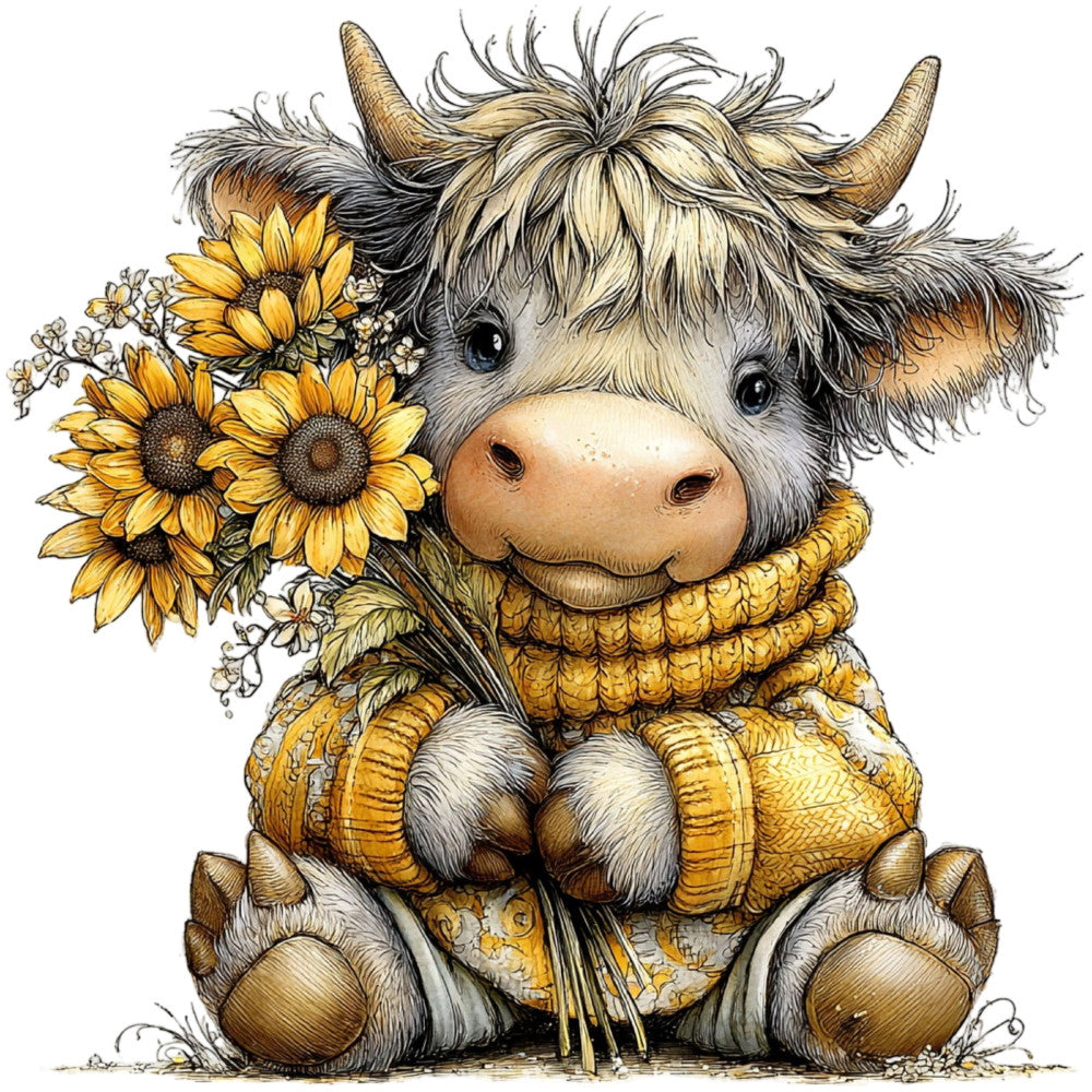 highland cow, sunflowers, whimsical, cute animals, farmhouse, rustic, cream, golden yellow, brown, tan, floral, nature, knitted sweater, cozy, folk art, illustrated, detailed, baby quilt, wall hanging, nursery, children's, cow with flowers, autumn, harvest, cottage core, adorable, decorative panel, country style, animal lover, soft colors