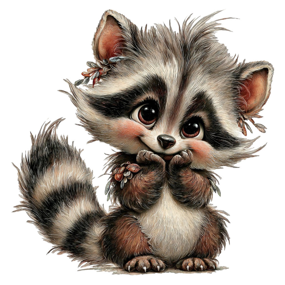whimsical, cute animals, woodland creatures, raccoon, forest animals, gray and white, cream, black, brown, rust, character design, playful, children's, nursery, baby, illustration art, fantasy, adorable, fluffy fur texture, nature inspired, spring, summer, decorative panel, wall hanging, baby quilt, apparel, charming, quirky, storybook style