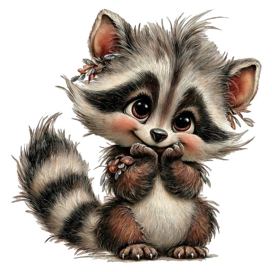 whimsical, cute animals, woodland creatures, raccoon, forest animals, gray and white, cream, black, brown, rust, character design, playful, children's, nursery, baby, illustration art, fantasy, adorable, fluffy fur texture, nature inspired, spring, summer, decorative panel, wall hanging, baby quilt, apparel, charming, quirky, storybook style