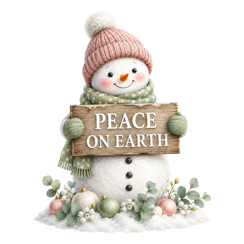 peace on earth, snowman, winter, christmas, holiday, sage green, dusty rose, mauve pink, cream white, ivory, woodland, rustic, whimsical, farmhouse, festive, seasonal, decorative sign, ornaments, baubles, evergreen, botanical, berries, snow, cozy, traditional, greeting card, winter wonderland, joy, message sign