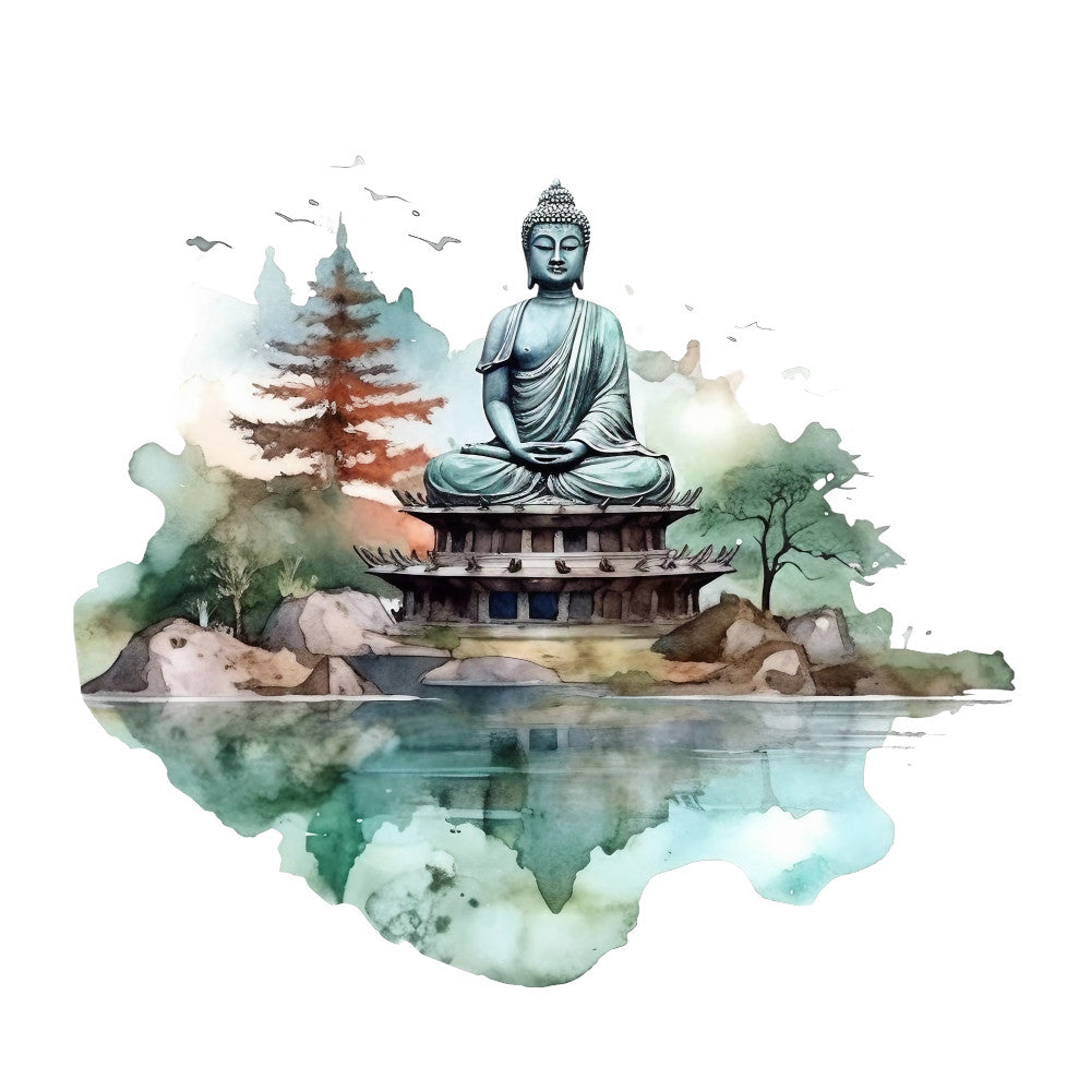 watercolor, buddha statue, meditation, peaceful, serene, teal, sage green, rust orange, brown, aqua, sitting buddha, lotus position, temple, pagoda, reflection, water, birds, trees, zen, spiritual, fabric panel, asian inspired, tranquil scene, nature elements, soft brushstrokes, contemplative, mindfulness, buddhist art