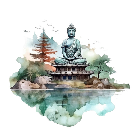 watercolor, buddha statue, meditation, peaceful, serene, teal, sage green, rust orange, brown, aqua, sitting buddha, lotus position, temple, pagoda, reflection, water, birds, trees, zen, spiritual, fabric panel, asian inspired, tranquil scene, nature elements, soft brushstrokes, contemplative, mindfulness, buddhist art