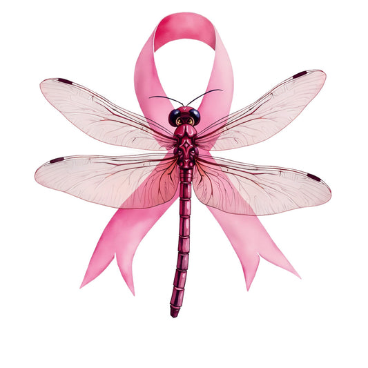 pink dragonfly, breast cancer awareness, pink ribbon, translucent wings, segmented body, delicate insect, soft pink tones, magenta accents, fabric panel, quilting cotton, hope symbol, awareness ribbon, nature motif, graceful design, charitable cause, supportive message, craft project, sewing material, feminine colors, uplifting imagery