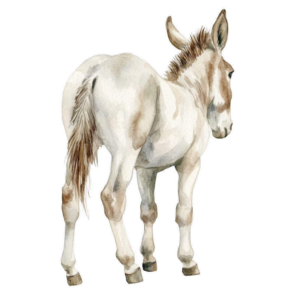 cream, beige, tan, brown, taupe, watercolor, animals, donkey, mule, farmhouse, rustic, natural, realistic, illustration, botanical, neutral tones, earth tones, vintage style, children's, whimsical, gentle, soft, pastel, nature-inspired, country, farm animals, detailed artwork, hand-painted style, wall hanging, nursery