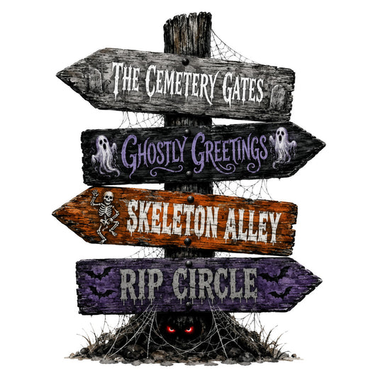 halloween, spooky, gothic, cemetery, ghosts, skeletons, bats, purple, black, orange, brown, gray, directional, novelty, seasonal, holiday, autumn, fall, haunted, creepy, witchy, dark, eerie, graveyard, bones, tombstones, rustic, whimsical, horror-themed, trick-or-treat