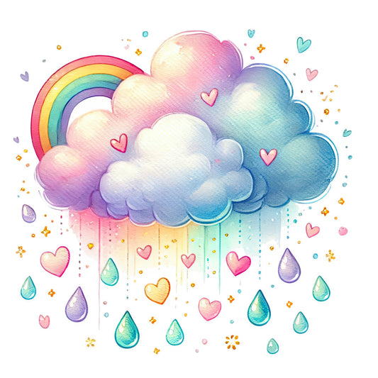 rainbow, pastel pink, pastel purple, pastel blue, pastel yellow, soft colors, whimsical, clouds, hearts, raindrops, dreamy, celestial, magical, fantasy, children, baby, love, sweet, playful, fairy tale, nursery, wall hanging, baby quilt, sky, weather, cute, decorative, gender neutral, multicolor, gradient