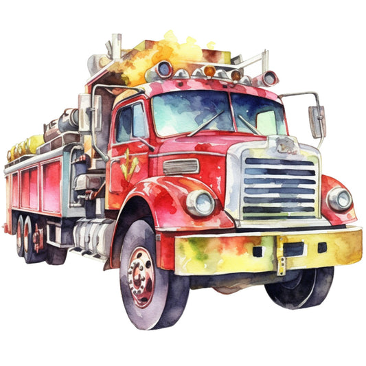 fire truck, vintage vehicle, red truck, watercolor style, emergency vehicle, automotive design, transportation theme, bright red, yellow accents, blue details, chrome grille, fabric panel, quilting cotton, children's fabric, truck illustration, retro style, masculine theme, vehicle pattern, fire department, painted artwork