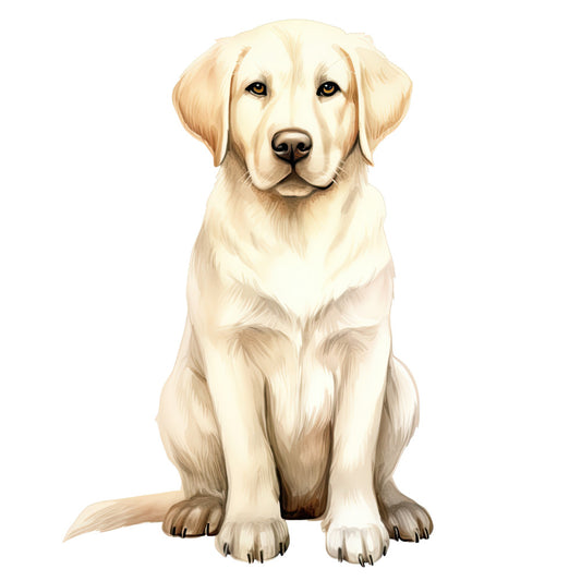 Watercolor Dogs Fabric Panel 39 features a detailed, soft-toned illustration of a sitting golden retriever puppy on premium quilting cotton.