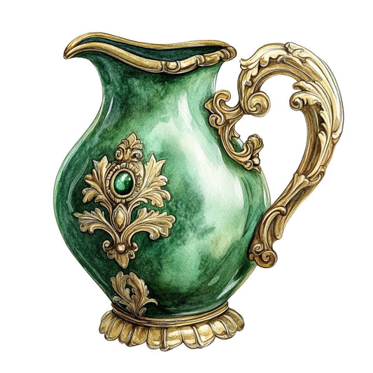 forest green, sage green, gold, cream, ornamental, baroque, victorian, vintage, elegant, decorative, scrollwork, flourish, botanical, damask, classical, traditional, luxury, ornate, jewel tones, metallic accents, floral motif, acanthus leaf, ornamental handle, pitcher design, formal, sophisticated, home decor, upholstery, timeless, antique inspired