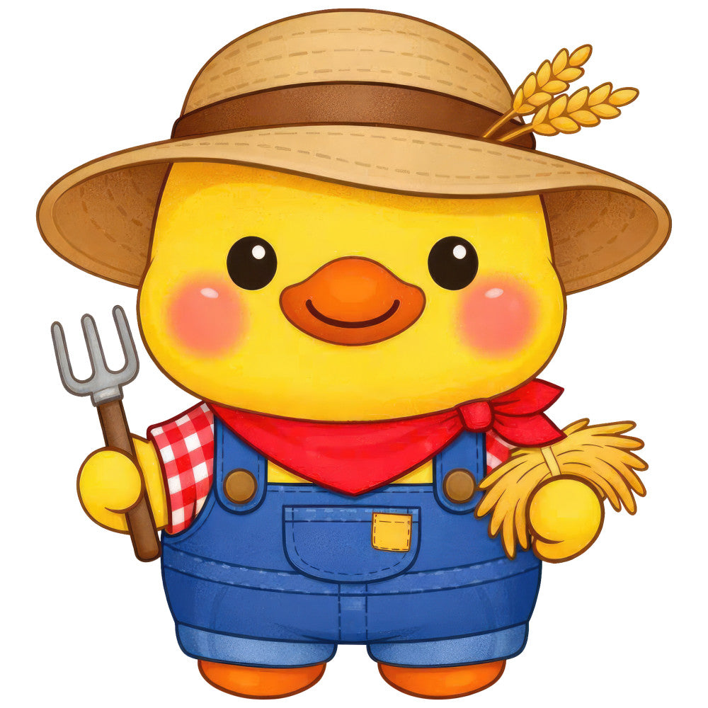 yellow duck, orange beak, straw hat, farmer, agricultural, scarecrow, red bandana, blue overalls, plaid, wheat stalks, pitchfork, farm animals, countryside, rustic, whimsical, cute character, children's, cheerful, spring, summer, harvest, farmhouse, folk art, playful, red and white checkered, denim blue, golden yellow, agricultural theme, rural, cottage core