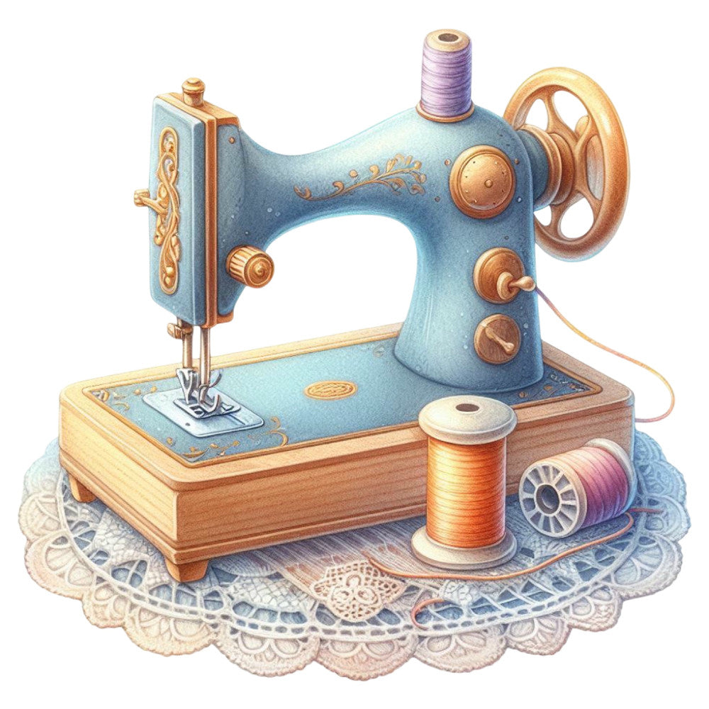 vintage sewing machine, sewing themed, blue and copper, antique sewing, thread spools, steampunk, nostalgic, retro crafts, elegant, whimsical, decorative arts, copper accents, sky blue, dusty blue, ornamental details, sewing notions, crafty, timeless, traditional, decorative panel, hobby themed, craft room decor, lace doily, ornate gold details, sewing supplies, vintage inspired, cottage core, feminine, decorative sewing machine