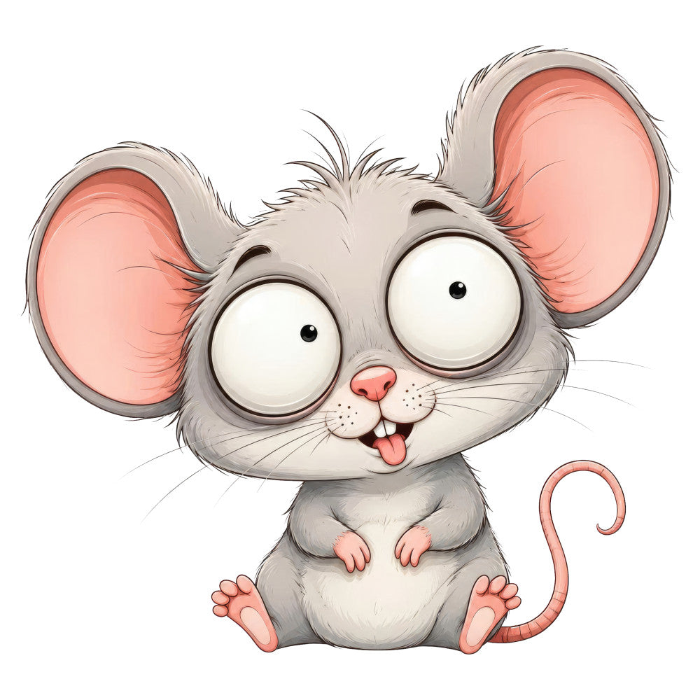cute mouse, gray mouse, pink ears, whimsical animals, children's fabric, baby animals, playful expression, cartoon mouse, big eyes, innocent face, silly animal, nursery decor, kid-friendly, adorable creatures, animal character, light gray, coral pink, white, playful style, fun design, character fabric, animal motif, cheerful, friendly face, baby quilt, children's quilt, nursery fabric, character panel, storybook style, kawaii inspired