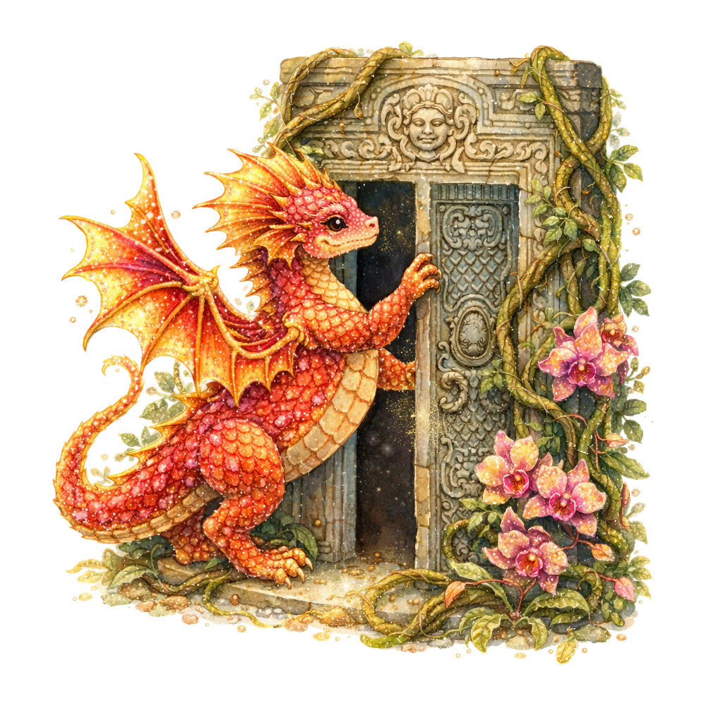 red dragon, gold accents, fantasy, whimsical, ornate architecture, stone doorway, climbing vines, pink orchids, purple flowers, tropical, magical, adventure, storybook, illustrated, detailed illustration, elegant, vintage, botanical, nature-inspired, fairy tale, enchanted garden, red-orange, golden yellow, sage green, coral pink, decorative, intricate details, mythical creatures, fantasy art, children's