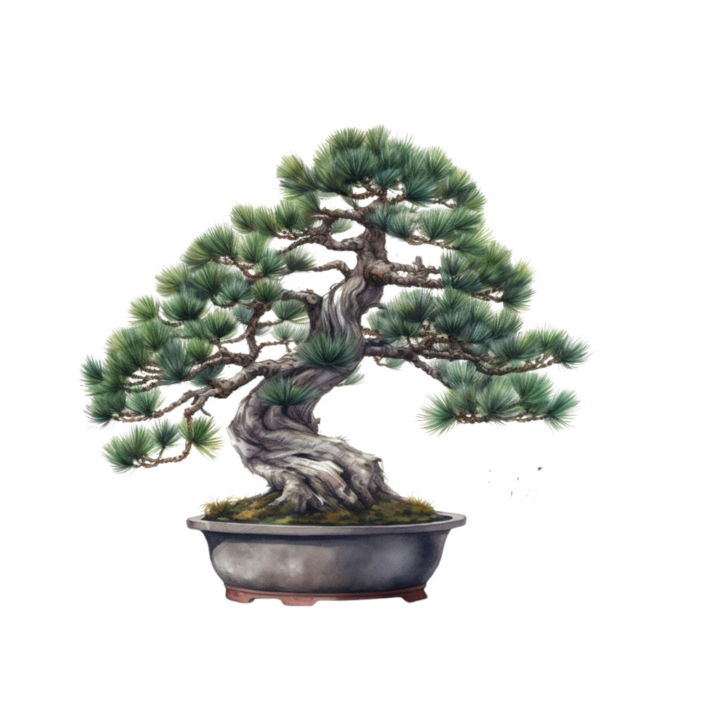 bonsai tree, pine tree, fabric panel, green foliage, twisted trunk, ceramic pot, botanical design, zen garden, miniature tree, needle leaves, brown bark, moss green, watercolor style, japanese inspired, nature motif, quilting panel, serene mood, artistic illustration, potted plant, gardening theme