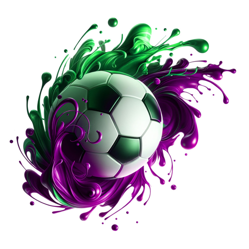 watercolor soccer ball, green splash, purple splash, fluid paint, sports theme, athletic design, dynamic movement, swirling colors, fabric panel, quilting cotton, vibrant green, deep purple, white soccer ball, paint drops, artistic style, motion design, sports decor, colorful splashes, hexagonal pattern, energetic design