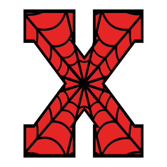 red, black, spider web, alphabet letter, x letter, web pattern, radial design, superhero themed, comic book style, fabric panel, quilting cotton, bold colors, geometric pattern, children's fabric, novelty print, craft fabric, sewing material, bright red, contrasting colors