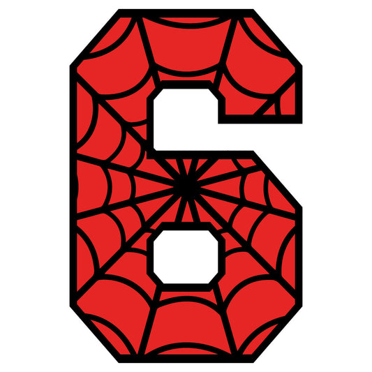 red, black, spider web, alphabet, letter six, superhero theme, comic book style, fabric panel, quilting cotton, children's fabric, geometric pattern, web design, radial pattern, bright colors, novelty print, character inspired, craft fabric, sewing material, applique design, spider motif