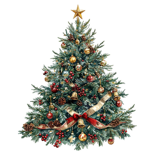 christmas tree, holiday, gold ornaments, red ornaments, forest green, evergreen, pinecones, bells, vintage christmas, traditional, elegant, festive, seasonal, winter, christmas decorations, red berries, gold star, ribbon bow, botanical, nature-inspired, timeless, classic, nostalgic, decorative, luxe, festive cheer, yuletide, holly berries, ornamental
