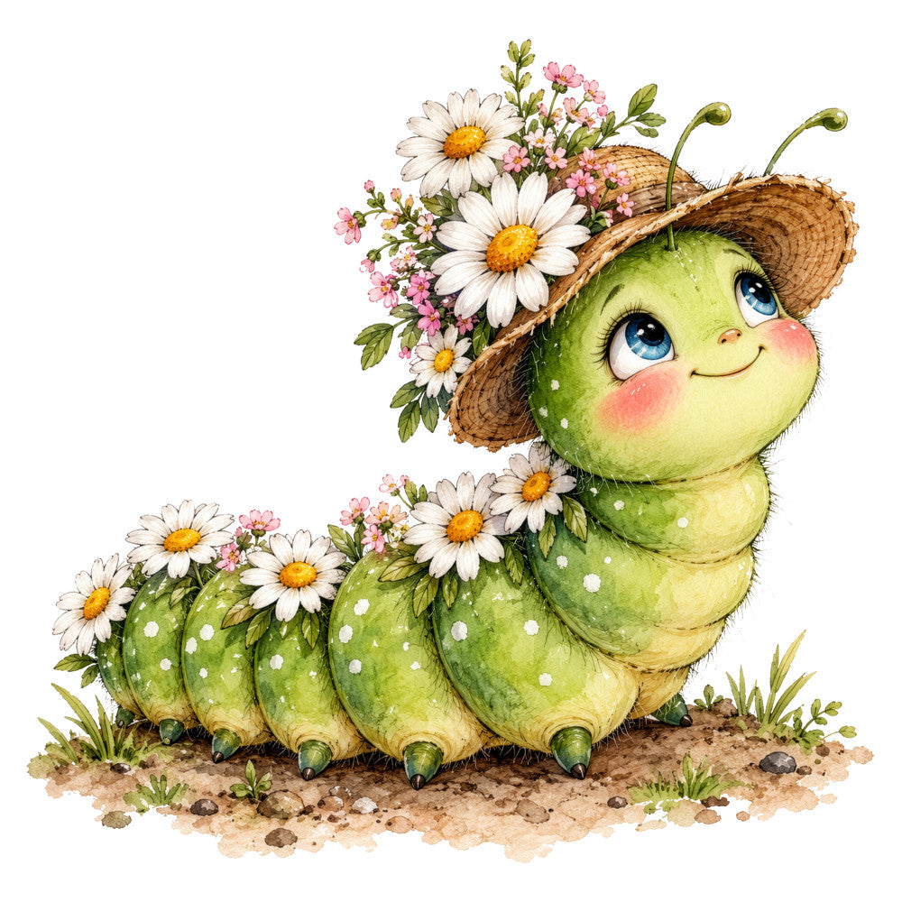 lime green, pale yellow, cream white, golden yellow, coral pink, sage green, whimsical, caterpillar, insects, daisies, flowers, floral, nature, spring, summer, garden, cute, charming, children's, straw hat, polka dots, white spots, pastoral, cottage core, farmhouse, cheerful, playful, fantasy, magical, woodland creatures