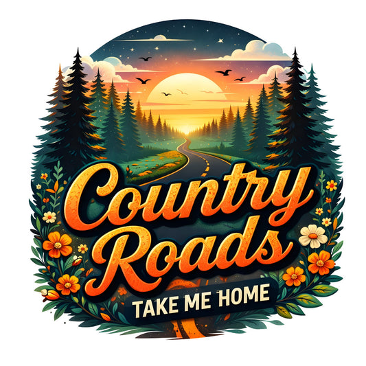 country roads, sunset, forest green, golden yellow, orange, warm colors, nature, landscape, scenic, road trip, rustic, vintage, flowers, wildflowers, evergreen trees, pine trees, birds, mountains, outdoor adventure, travel theme, americana, folk art, decorative, nostalgic, retro style, warm tones, evening sky, starry night, cottage core, home sweet home