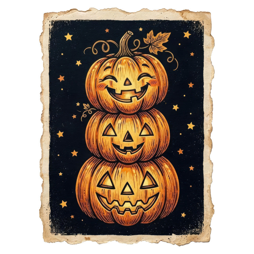 halloween, pumpkin, jack-o-lantern, autumn, fall, orange, black, gold, stars, celestial, vintage, retro, whimsical, spooky, festive, holiday, stacked pumpkins, carved faces, jack-o-lanterns, seasonal, october, trick-or-treat, harvest, rustic, traditional, folk art, nostalgic, warm tones, dark background, nighttime theme