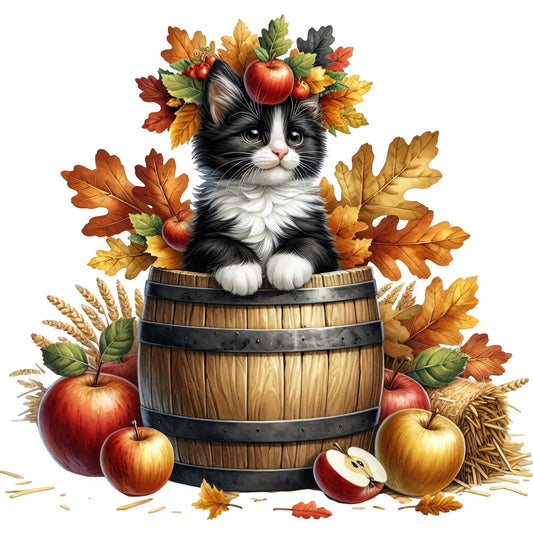 black and white cat, autumn leaves, fall colors, harvest theme, apples, wheat, wooden barrel, rustic style, farmhouse, nature, animals, cats, gold, burnt orange, red apples, cream white, forest green, seasonal, autumn harvest, whimsical, traditional, country style, fall foliage, botanical, fruit motifs, home decor, wall hanging, cozy, warm tones