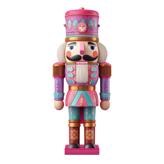 nutcracker, holiday, christmas, pink, turquoise, magenta, gold, purple, coral, soldier, traditional, festive, geometric, diamond pattern, decorative, whimsical, vintage, toy soldier, winter, seasonal, children's, playful, ornamental, classic, nutcracker soldier, holiday decor, christmas decoration, jewel tones, multicolor, retro
