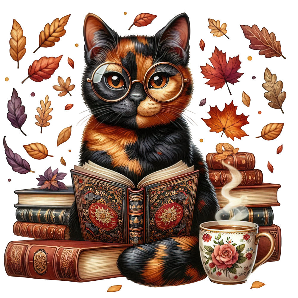 calico cat, tortoiseshell cat, cat with glasses, reading cat, autumn leaves, fall foliage, maple leaves, oak leaves, burnt orange, rust, chocolate brown, black, golden yellow, cream, vintage books, literary, bookish, tea cup, floral mug, cozy, whimsical, autumn, fall season, home decor, wall hanging, literary theme, intellectual, scholarly, steampunk, vintage aesthetic
