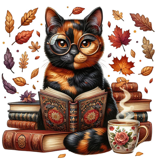 calico cat, tortoiseshell cat, cat with glasses, reading cat, autumn leaves, fall foliage, maple leaves, oak leaves, burnt orange, rust, chocolate brown, black, golden yellow, cream, vintage books, literary, bookish, tea cup, floral mug, cozy, whimsical, autumn, fall season, home decor, wall hanging, literary theme, intellectual, scholarly, steampunk, vintage aesthetic