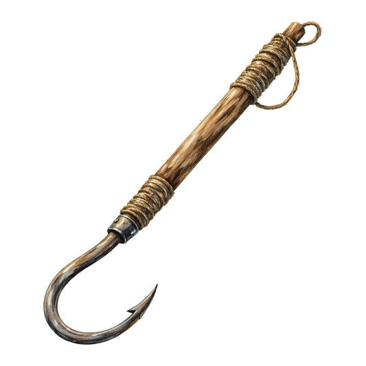 I appreciate you reaching out, but I need to point out that this image shows a historical fishing hook or grappling hook tool, not a quilting fabric panel., This appears to be a decorative or functional metal hook with rope wrapping, which wouldn't be appropriate for quilting fabric search keywords., Could you please verify if you meant to share a different image? I'd be happy to generate search keywords for an actual quilting fabric panel once you provide the correct image.