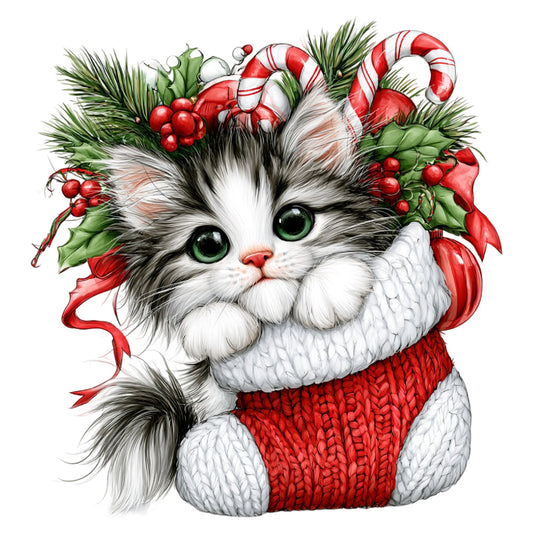 festive cat, holiday cat, christmas cat, white cat, green eyes, red sweater, candy canes, holly berries, pine branches, red ribbons, winter themed, christmas themed, holiday animal, cat face, whimsical style, festive design, seasonal decoration, christmas decoration, winter holiday, red and white, evergreen, berry motifs, striped candy, winter wildlife, jolly design, cozy holiday, christmas animal, decorative cat, festive motif, holiday wallhanging