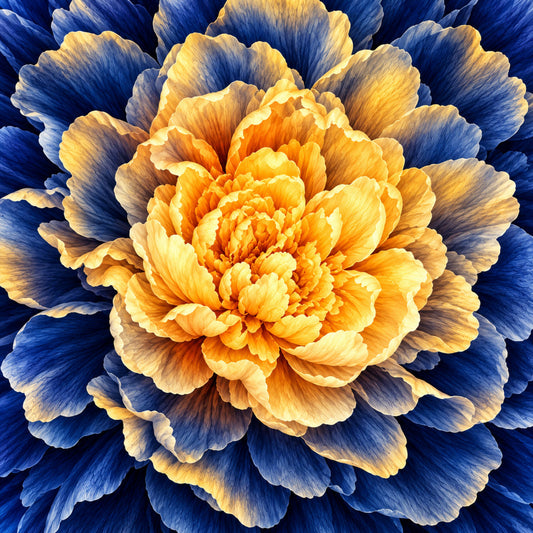 navy blue, golden yellow, orange, cream, deep blue, floral, peony, bloom, flower, nature, botanical, layered petals, elegant, artistic, modern, abstract floral, spring, summer, vibrant, colorful, large scale print, detailed, dimensional, statement fabric, home decor, wall hanging, accent fabric, contemporary