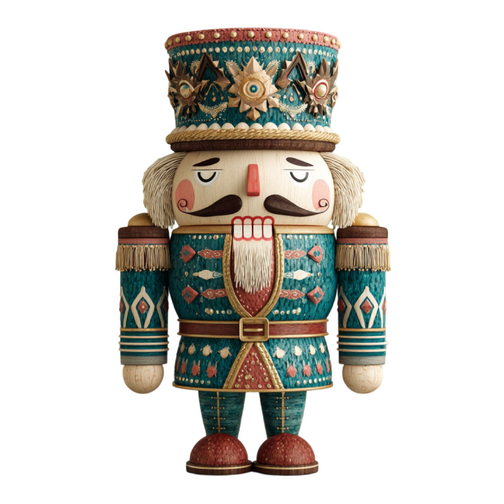 nutcracker, holiday, christmas, teal, forest green, cream, ivory, gold, burgundy, red, wooden toy soldier, traditional, vintage, whimsical, festive, geometric, striped, ornamental, decorative motifs, military uniform, epaulettes, bearded face, winter, seasonal, home decor, wall hanging, children's, storybook, European, classic toy
