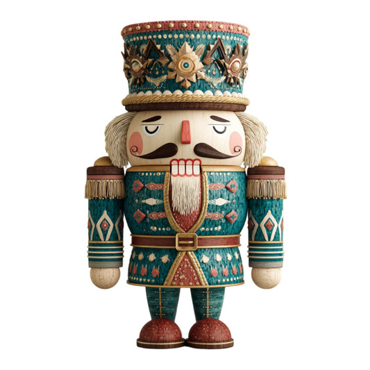 nutcracker, holiday, christmas, teal, forest green, cream, ivory, gold, burgundy, red, wooden toy soldier, traditional, vintage, whimsical, festive, geometric, striped, ornamental, decorative motifs, military uniform, epaulettes, bearded face, winter, seasonal, home decor, wall hanging, children's, storybook, European, classic toy