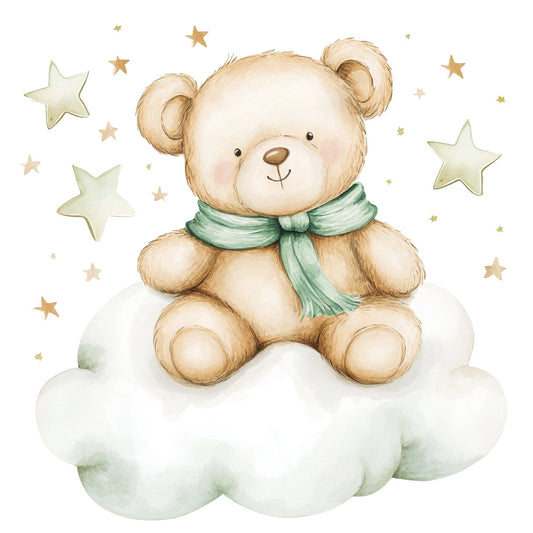 teddy bear, cream, soft green, sage green, pale yellow, gold stars, whimsical, nursery, baby, cute, cuddly, celestial, stars, cloud, dreamy, sweet, gentle, children's, infant, newborn, lullaby, soft pastels, watercolor, illustration, storybook, bedding, crib quilt, baby shower, gender neutral, soothing