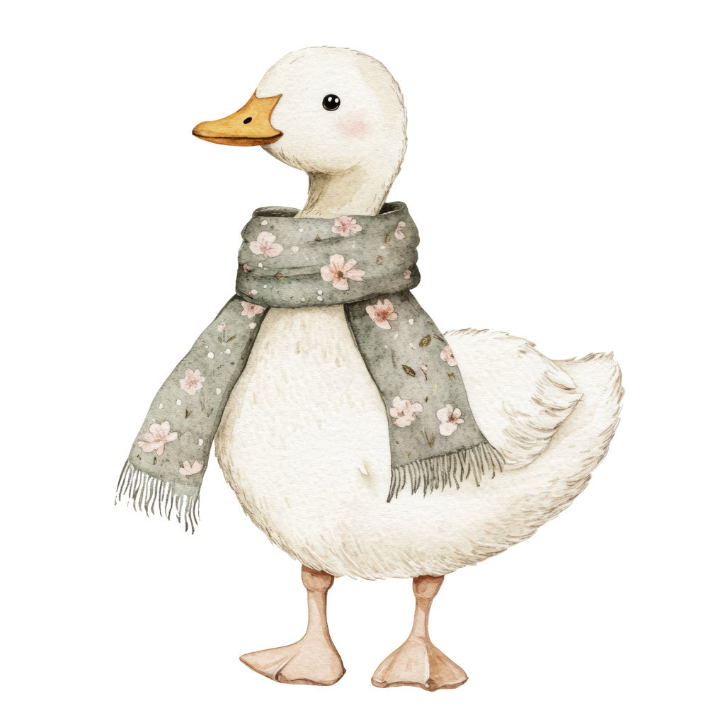 white duck, golden yellow beak, sage green scarf, pink flowers, floral print, animal illustration, whimsical style, children's design, adorable duck, cute characters, spring themed, pastel colors, cream white, soft colors, farmhouse style, storybook illustration, decorative scarf, fringed details, vintage inspired, gentle aesthetic, sweet design, nature inspired, bird motif, botanical elements, nursery decor, baby quilt, wall hanging, charming illustration, countryside theme, cottage core