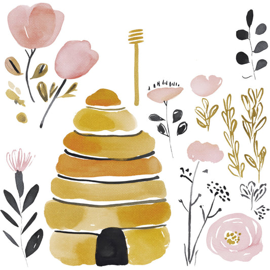 bee, beehive, honey, honeycomb, pink flowers, blush pink, dusty rose, golden yellow, mustard yellow, charcoal gray, dark gray, botanical, floral, nature, whimsical, modern, watercolor, hand-painted, spring, summer, flowers, leaves, plants, herbs, tulips, ranunculus, feminine, garden, natural, organic