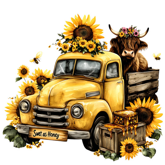 Highland Cows in Vintage Trucks Fabric Panel 1 featuring a yellow vintage truck with sunflowers and a flower-crowned Highland cow.
