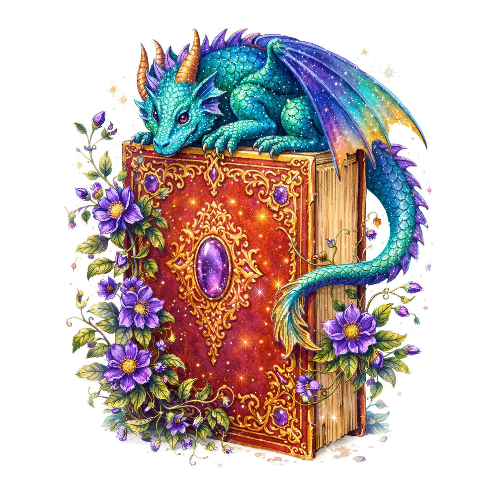 turquoise dragon, emerald green, deep purple, gold metallic, crimson red, fantasy creature, magical, whimsical, celestial, ornate book, decorative cover, purple flowers, floral border, dragon wings, sparkles, stars, elegant, mystical, storybook, fairy tale, nature elements, botanical details, luxury style, ornamental design, enchanted, decorative arts, purple blooms, gold scrollwork, jewel tones, literary inspired