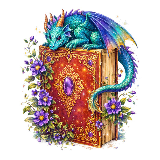turquoise dragon, emerald green, deep purple, gold metallic, crimson red, fantasy creature, magical, whimsical, celestial, ornate book, decorative cover, purple flowers, floral border, dragon wings, sparkles, stars, elegant, mystical, storybook, fairy tale, nature elements, botanical details, luxury style, ornamental design, enchanted, decorative arts, purple blooms, gold scrollwork, jewel tones, literary inspired