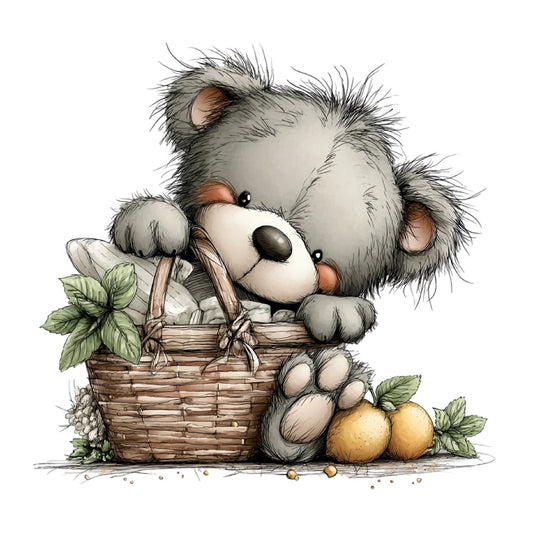 cute koala, gray and white, woodland animals, nature, whimsical, nursery, baby, children's, basket, fruits, berries, leaves, soft colors, gentle, adorable, illustration, storybook, tender, charming, cream, tan, earth tones, rustic, sweet, playful, animal friends, forest, pastoral, panel design, decorative