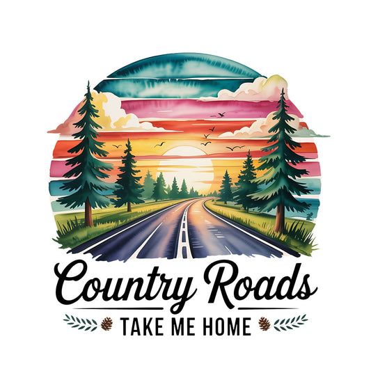 country roads, sunset, landscape, forest green, golden yellow, coral pink, dusty rose, teal blue, nature, road trip, scenic, layered paper cut, birds, trees, pine trees, evergreen, mountains, clouds, highway, travel, rustic, vintage americana, outdoor adventure, inspirational quote, motivational, home decor, wall art, scenic view, autumn, summer